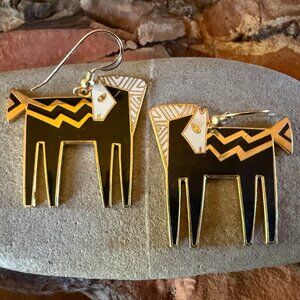 Laurel Burch Temple Horse Earrings Cloissone Black Gold White
